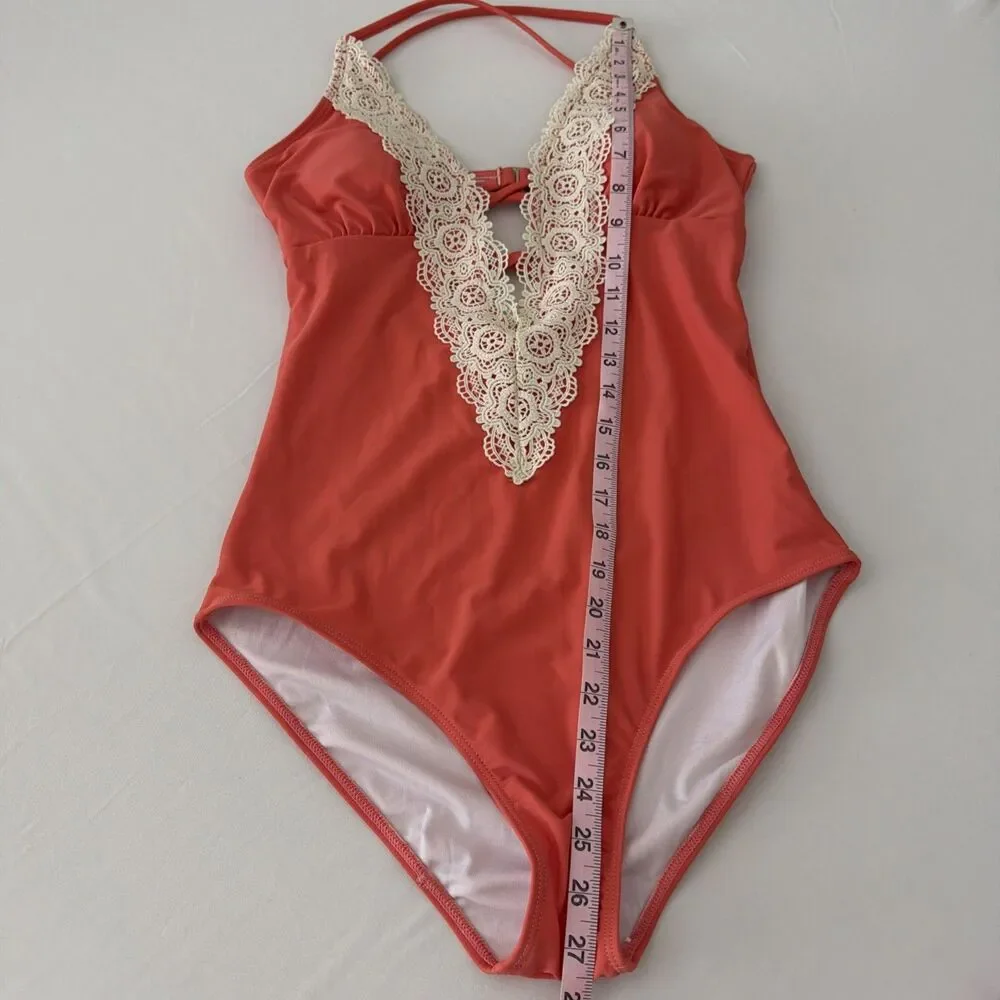 CUPSHE Womens Sz M One Piece Swimsuit Peach Coral Floral Lace Crochet Boho EUC